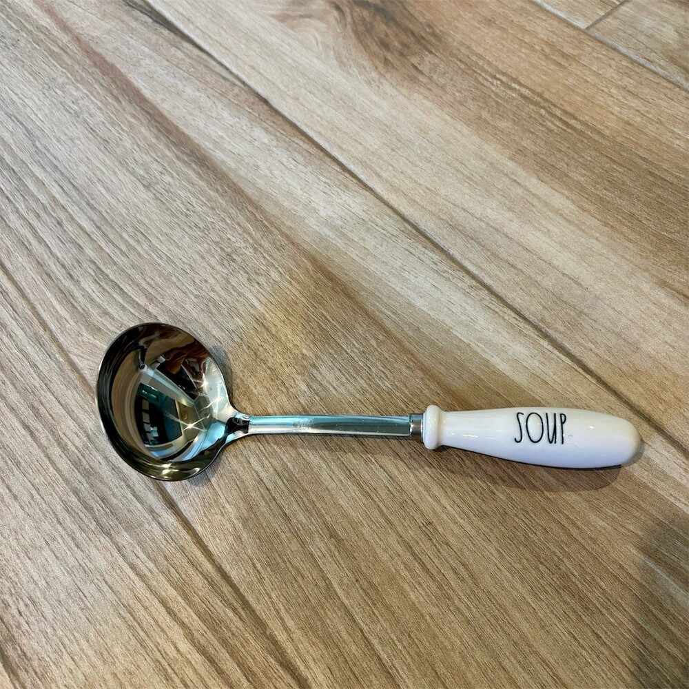 Rae Dunn SOUP Soup Ladle White Ceramic Handle Stainless Steel Bowl